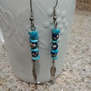 Dangling Earrings with blue beads & Metal Feathers